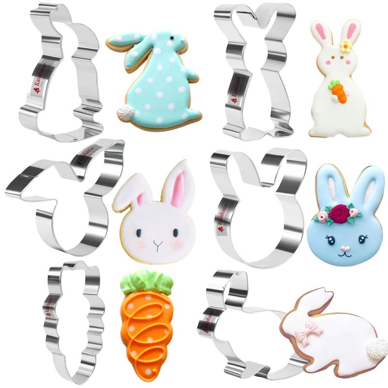 KAISHANE Easter Cookie Cutters Set - rabbit, Bunny, Carrot, Rabbit Face Shapes Biscuit Cutters 6 Pieces Stainless Steel - Image 1
